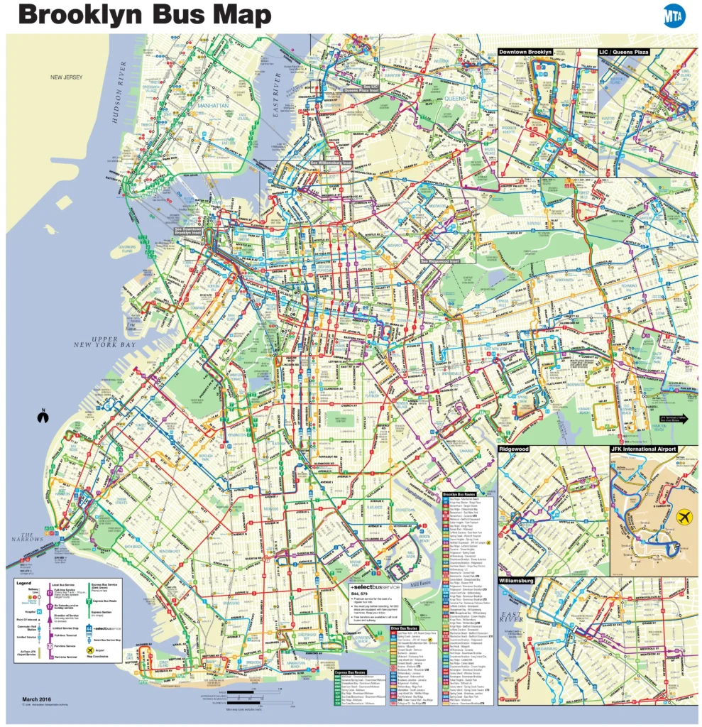 A detailed Brooklyn Bus Map from March 2016, featuring colorful bus routes across neighborhoods like Williamsburg and Bay Ridge, with parks, the East River, Upper New York Bay, and insets for Downtown Brooklyn and JFK Airport.