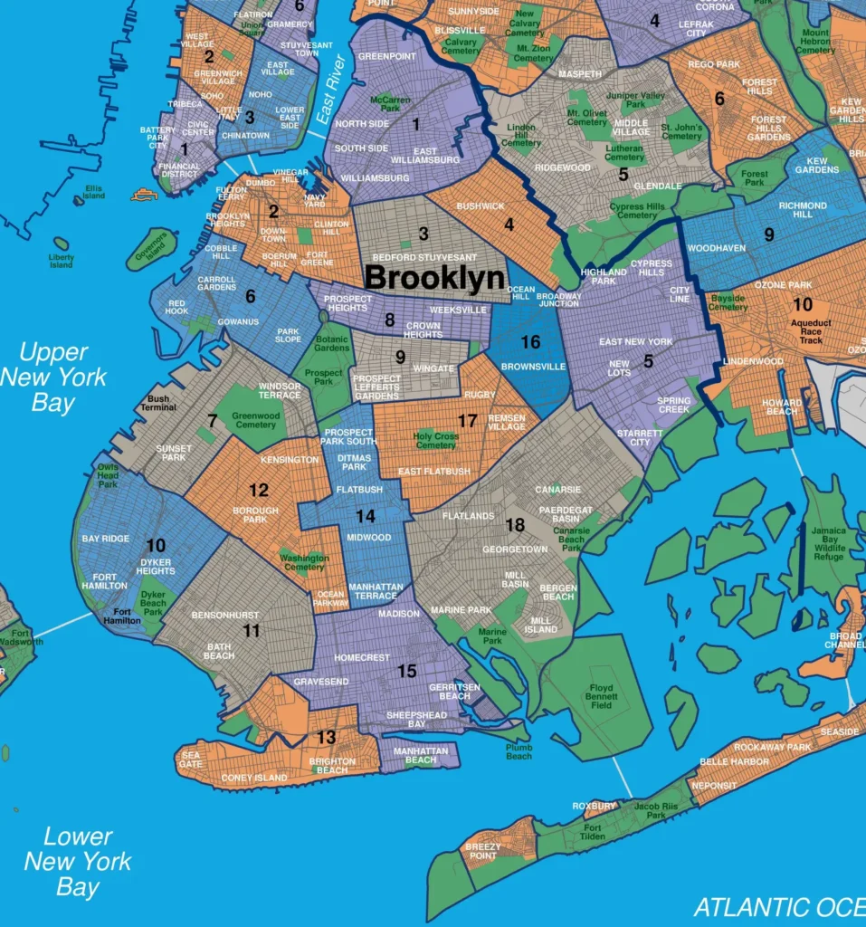 A Brooklyn Map featuring 18 neighborhoods (Brooklyn Heights, Downtown Brooklyn, Dumbo, etc.), Prospect Park, Brooklyn Bridge, and Coney Island Beach, set along the East River and Atlantic Ocean.