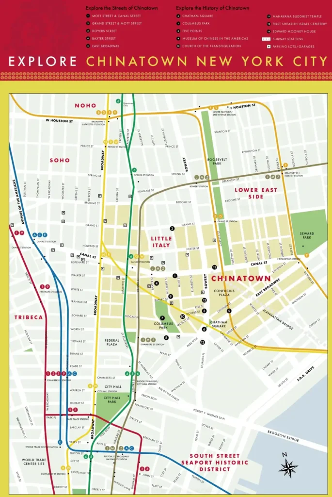 A Chinatown Map featuring Canal Street, Mott Street, Columbus Park, and numbered attractions (1-13), with walking tour routes and subway lines, set near the East River.