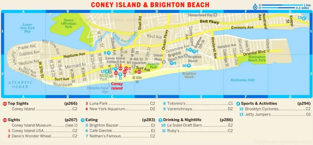 A Coney Island & Brighton Beach Map featuring Surf Avenue, Luna Park, Coney Island Boardwalk, and numbered attractions (1-13), set along the Atlantic Ocean.