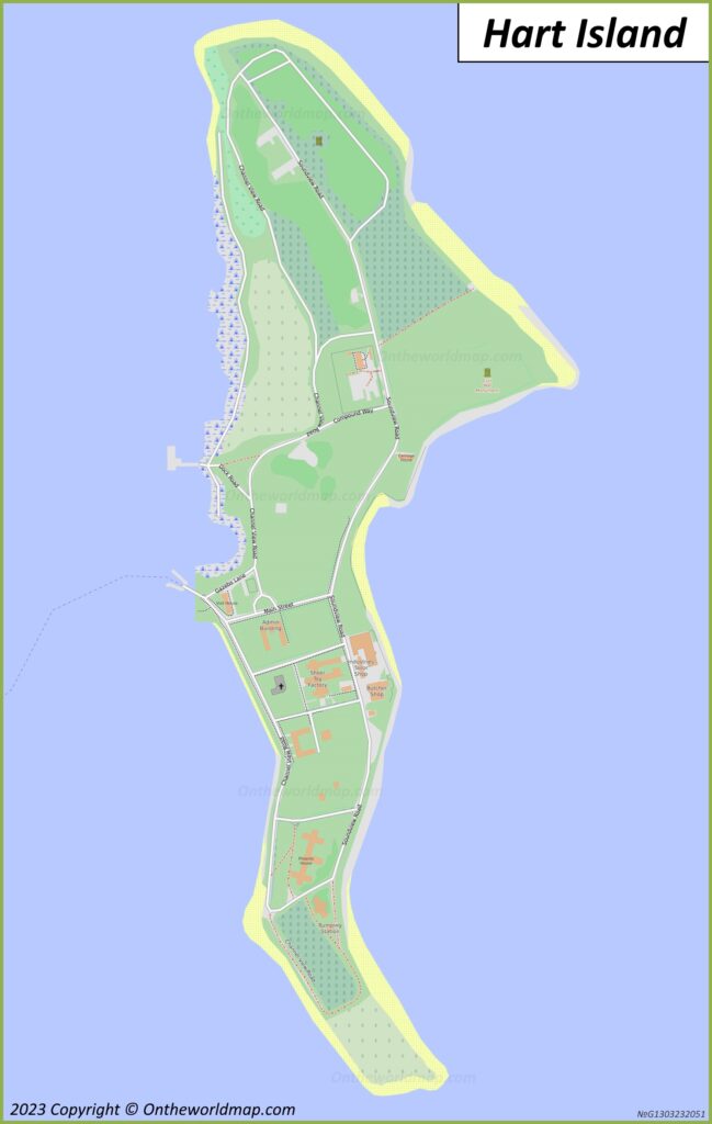 A 2023 Hart Island map featuring Central Avenue, Cloister Road, the Phoenix House, potter’s field, docks, and green spaces, bordered by the Long Island Sound, with restricted access points.