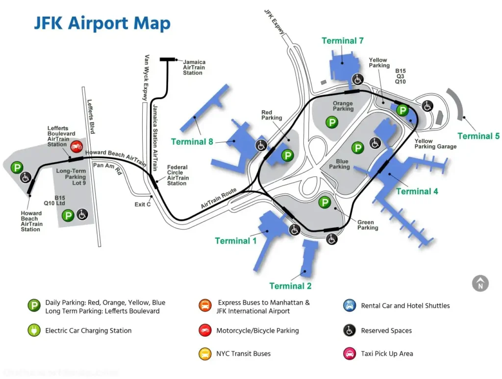 A 2023 JFK Airport Map featuring Terminals 1-8, AirTrain routes, parking lots (yellow, red, orange, blue), express bus lines, and icons for charging stations and taxis, set in Queens, NYC.