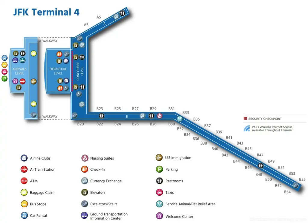 A 2023 JFK Terminal 4 Map featuring Arrivals, Departure, and Concourse Levels, with gates A3, A5, and B20-B55, AirTrain station, security checkpoints, and amenity icons, set in a blue terminal layout.