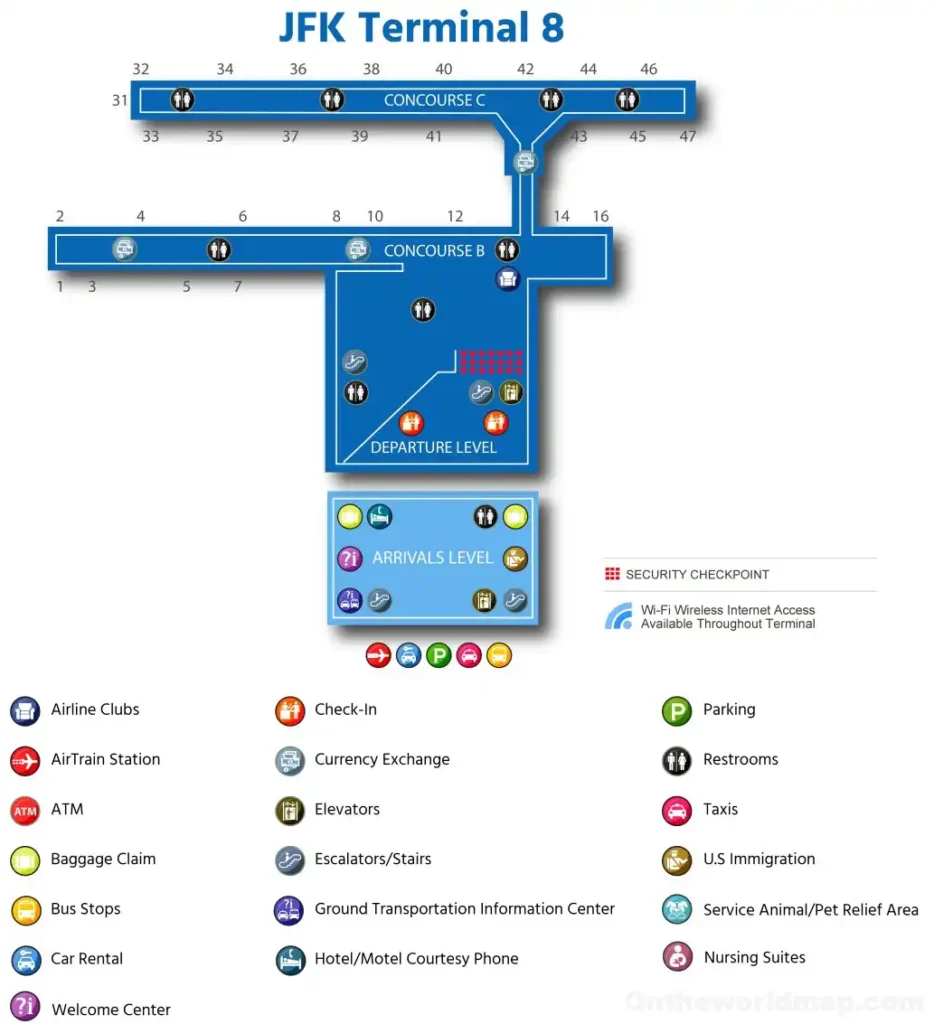 A 2023 JFK Terminal 8 Map featuring Arrivals, Departure, and Concourse Levels (B and C), with gates 1-16 and 31-47, AirTrain station, security checkpoint, and amenity icons, set in a blue terminal layout.