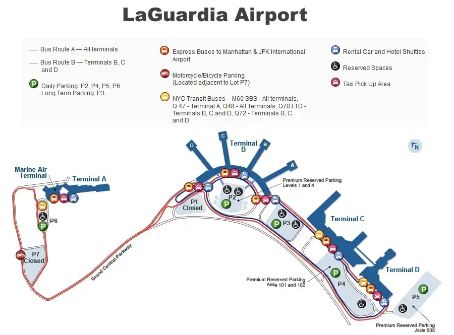 A 2023 LaGuardia Airport Map featuring Terminals A, B, C, and D, bus routes (A and B), parking lots (P1-P6, P7 closed), express buses, and shuttle icons, set along the Grand Central Parkway.