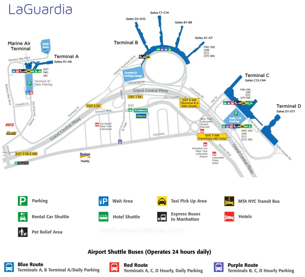 A 2023 LaGuardia Airport Map featuring Terminals A, B, C, and D, gates A1-A6, B1-B8, C1-C14, D1-D10, parking lots (P1-P6), shuttle routes (Red, Blue, Purple), and transit icons, set along the Grand Central Parkway.