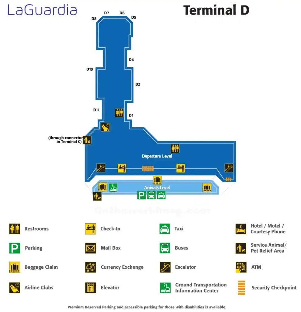 A 2023 LaGuardia Terminal D Map featuring Departure and Arrivals Levels, with gates D1-D11, security checkpoint, and amenity icons, set in a blue terminal layout.