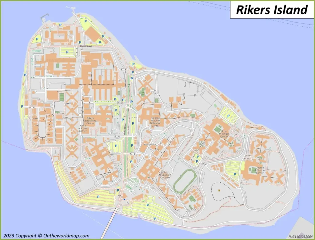 A 2023 Little Island at Pier 55 map featuring winding paths, the Main Lawn, Little Island, North and South Bridges, and icons for amenities, set above the Hudson River with green dots for vegetation.