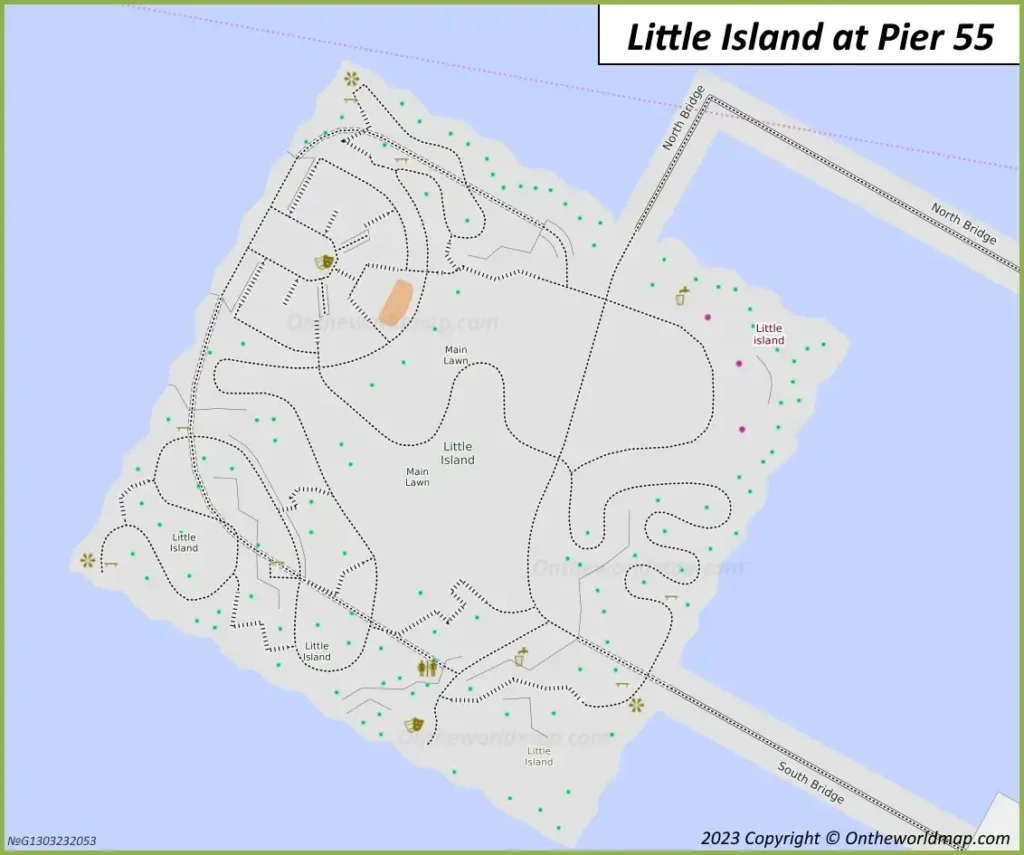 A 2023 Little Island at Pier 55 map featuring winding paths, the Main Lawn, Little Island, North and South Bridges, and icons for amenities, set above the Hudson River with green dots for vegetation.