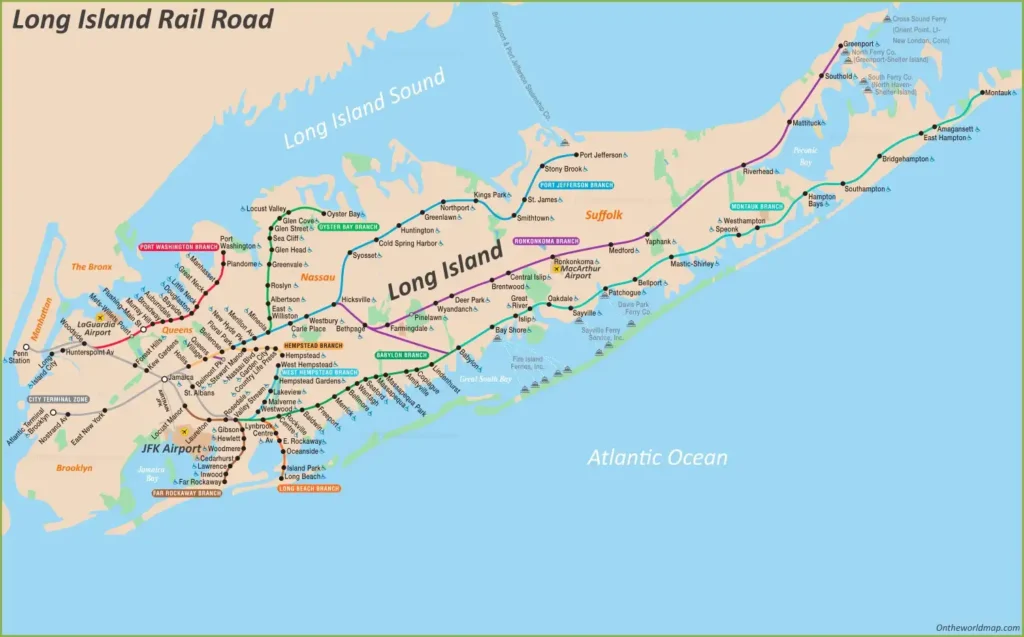 A Long Island Rail Road Map featuring 11 branches (Port Washington, Ronkonkoma, Montauk, etc.), key stations (Huntington, Babylon, Montauk), and ferry connections, set along Long Island Sound and the Atlantic Ocean.
