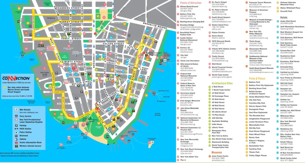 A Lower Manhattan Map featuring Broadway, Battery Park, Statue of Liberty, 9/11 Memorial, and numbered attractions, with PATH train, ferry routes, and green spaces, set along the Hudson and East Rivers.