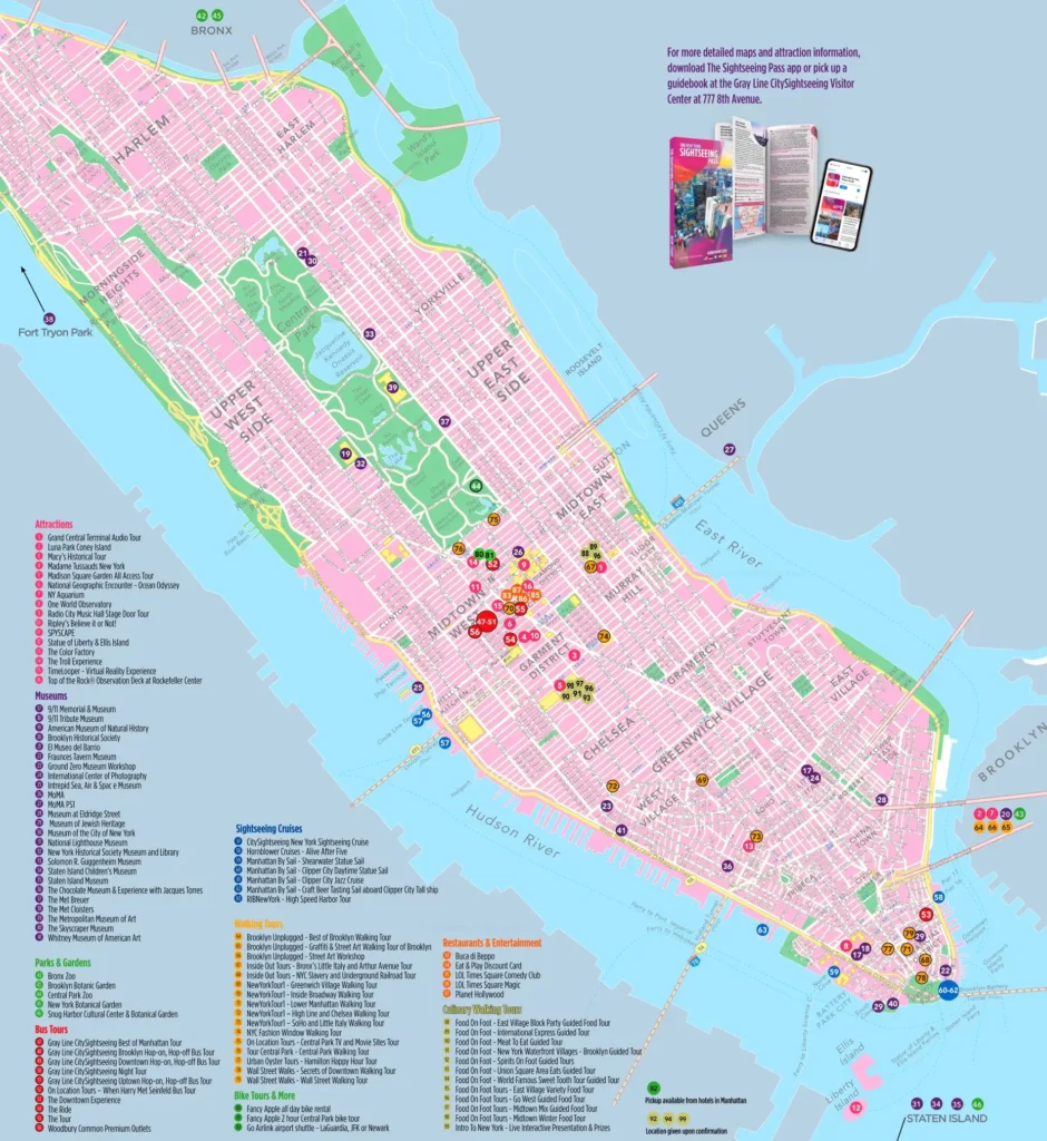 A Manhattan Sightseeing Map featuring a street grid with Midtown and Greenwich Village, green parks (Central Park, Battery Park), and numbered attractions (1-66), set between the Hudson and East Rivers.