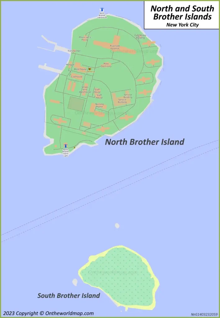 A 2023 North and South Brother Islands map featuring North Brother Island with Riverside Hospital, Morgue, Boilerhouse, and Staff House, and South Brother Island with dense greenery, set in the East River with restricted access routes.