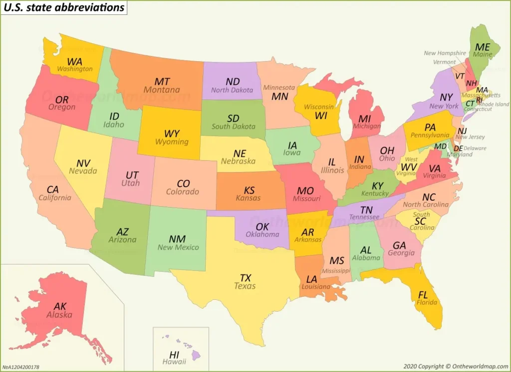 USA-Abbreviations-Map showcasing U.S. state abbreviations in vibrant colors for travel and education.