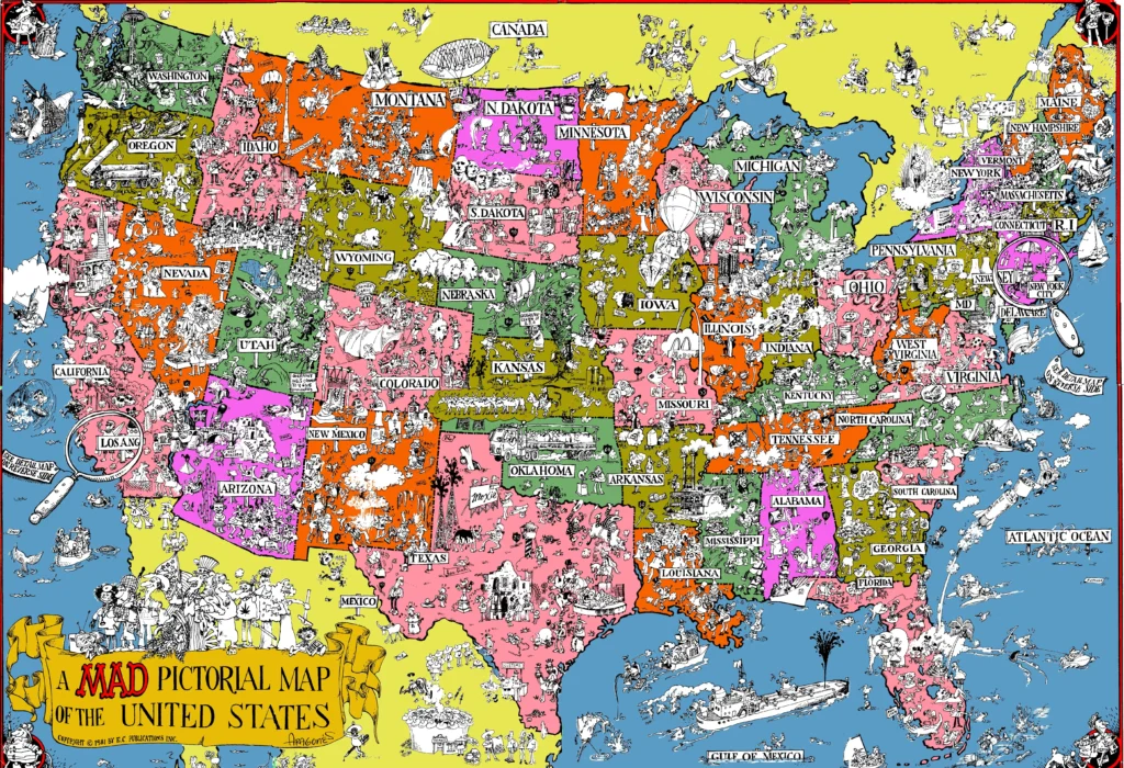 USA-Cartoon-Map showcasing U.S. states with satirical cartoons for humor, history, and geographic reference.