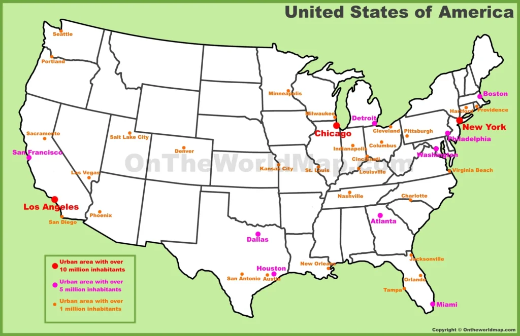 USA-Cities-Map showcasing U.S. urban areas by population for travel, demographics, and geographic reference.