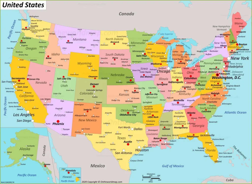 Detailed USA-City-Map showing major U.S. cities, state capitals, and geography for travel and education purposes.