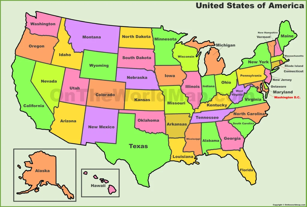 Bright USA-Color-Map showcasing U.S. state boundaries in vibrant hues for education and travel.