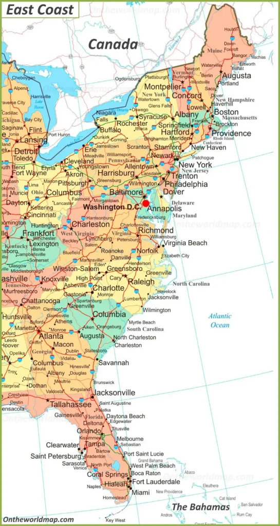 USA-East-Coast-Map showcasing East Coast states in vibrant colors for travel, history, and geographic reference.