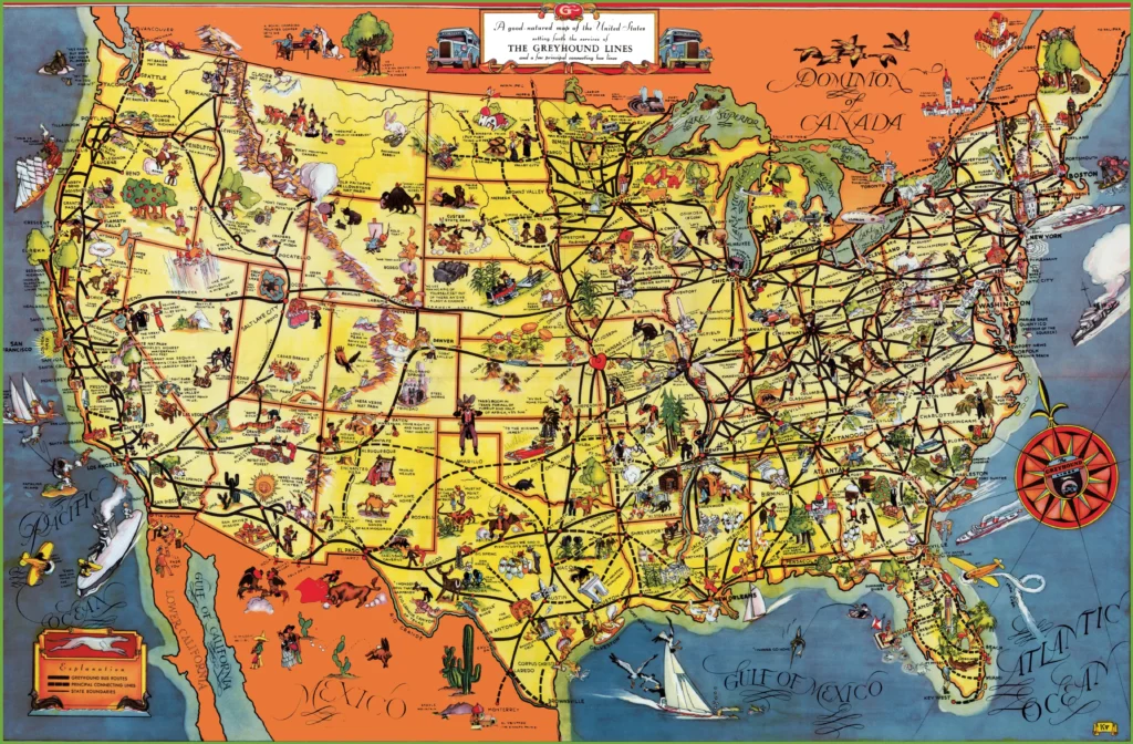 USA-Greyhound-Map showcasing U.S. Greyhound bus routes and cultural icons for history and geographic reference.