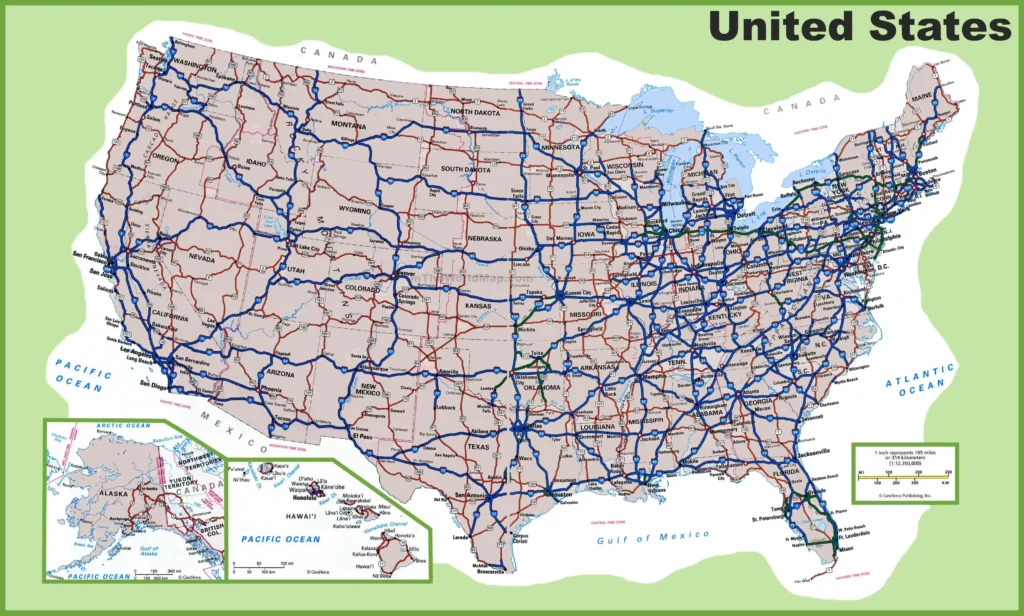 USA-Highways-Map showcasing U.S. interstates and highways for road trips, logistics, and geographic reference.