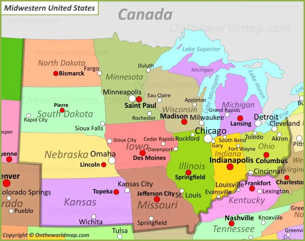 USA-Midwestern-States-Map showcasing Midwestern U.S. states in vibrant colors for travel, history, and geographic reference.