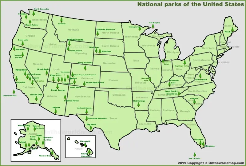 Green USA-National-Parks-Map showcasing U.S. national parks for travel, nature exploration, and conservation.