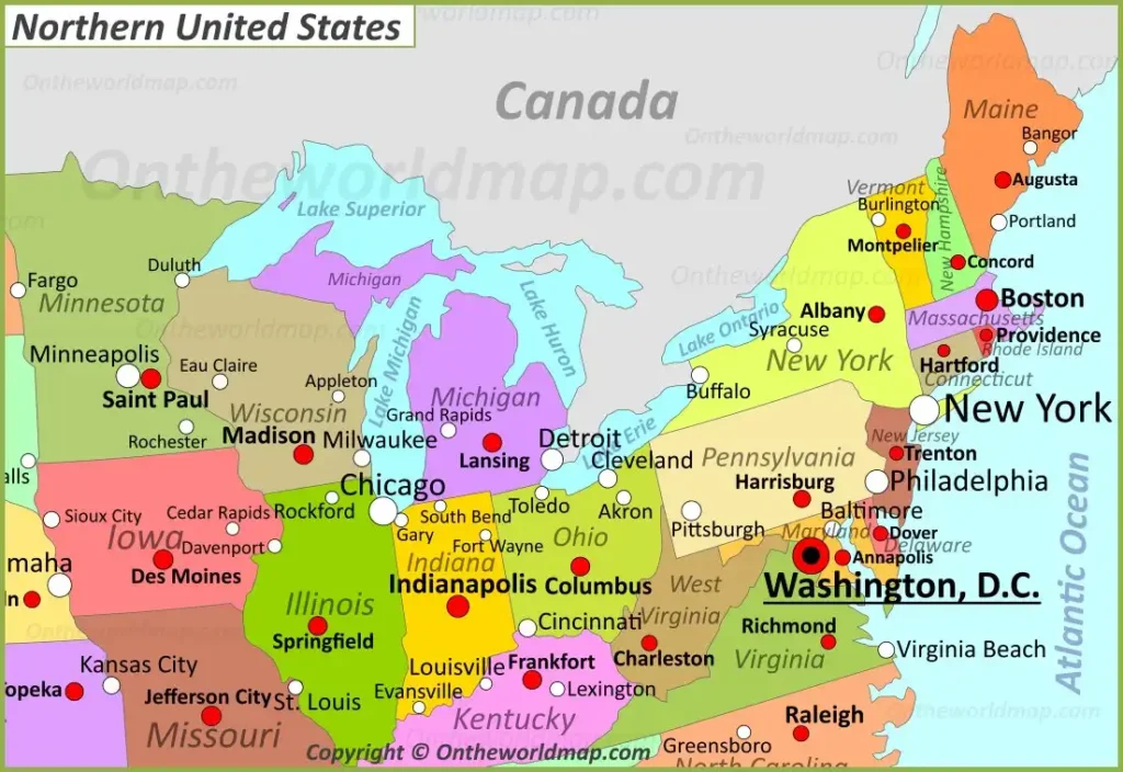 USA-Northern-States-Map showcasing Northern U.S. states in vibrant colors for travel, history, and geographic reference.