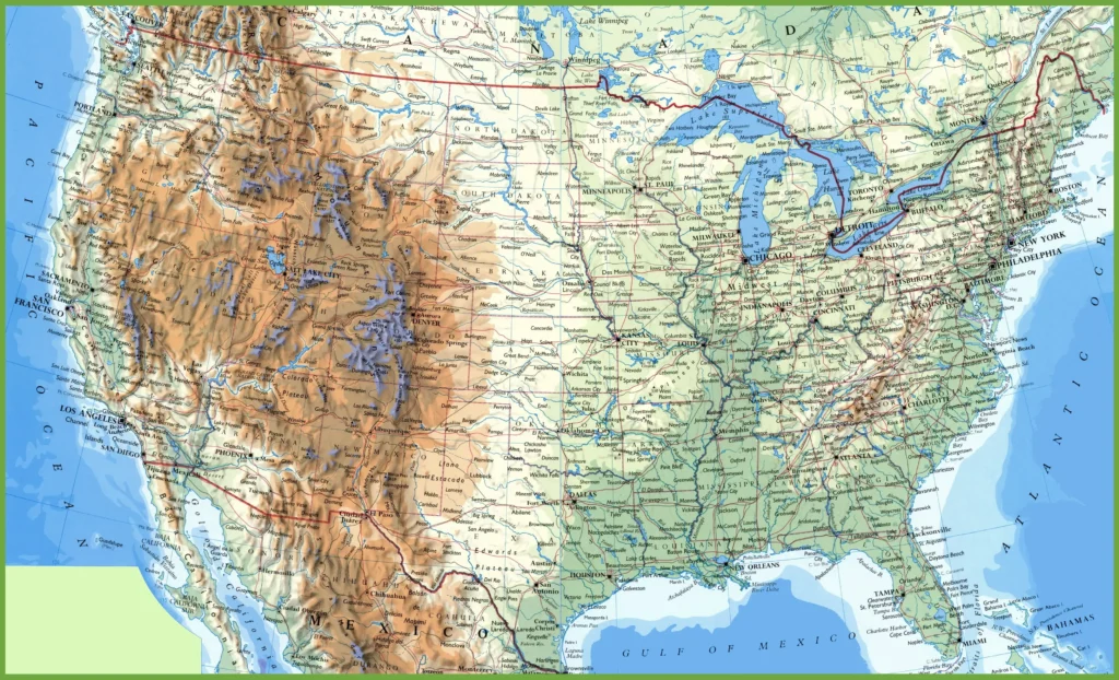 USA-Physical-Map showcasing U.S. physical geography, elevations, and landscapes for travel and study.