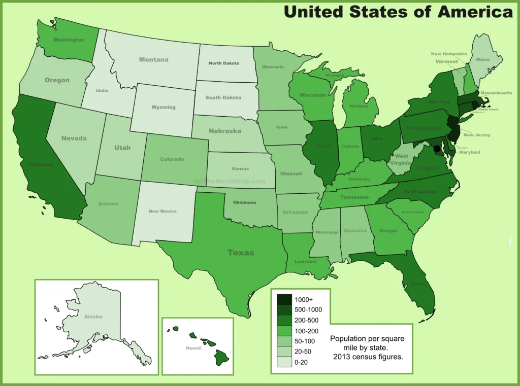 USA-Population-Density-Map showcasing U.S. population per square mile for demographics and geographic reference.
