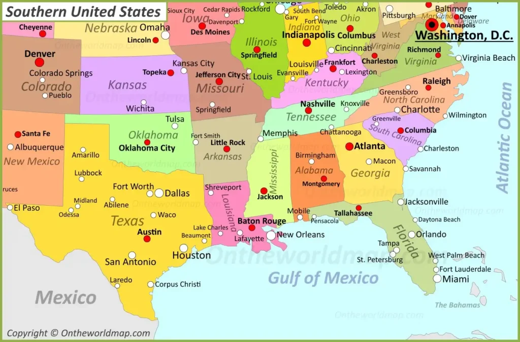 USA-Southern-States-Map showcasing Southern U.S. states in vibrant colors for travel, history, and geographic reference.