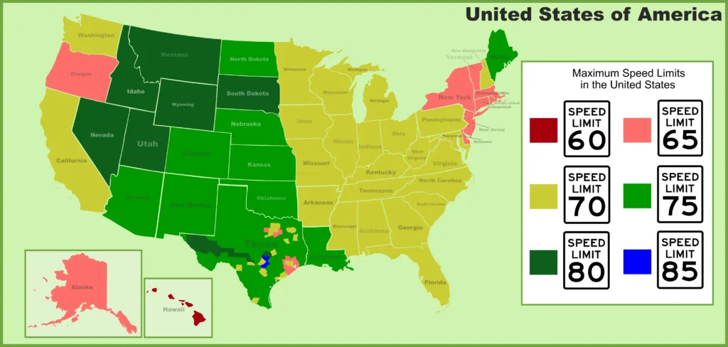 USA-Speed-Limits-Map showcasing U.S. highway speed limits for safe travel and geographic reference.