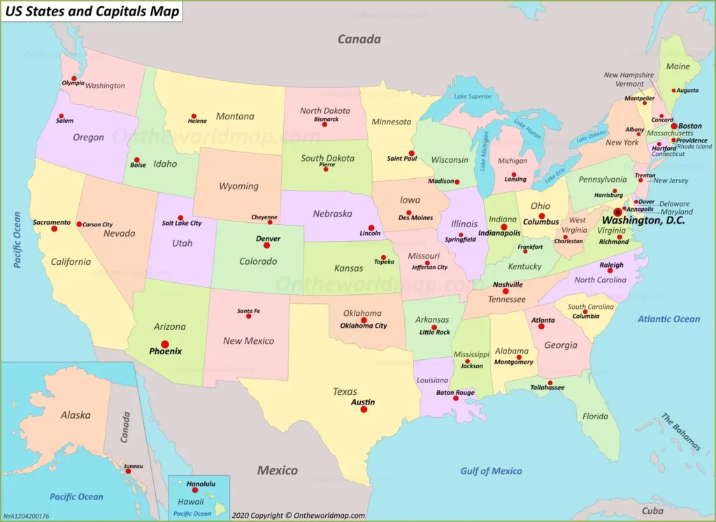USA-States-Capitals-Map showcasing U.S. states and capitals in pastel hues for education and travel.