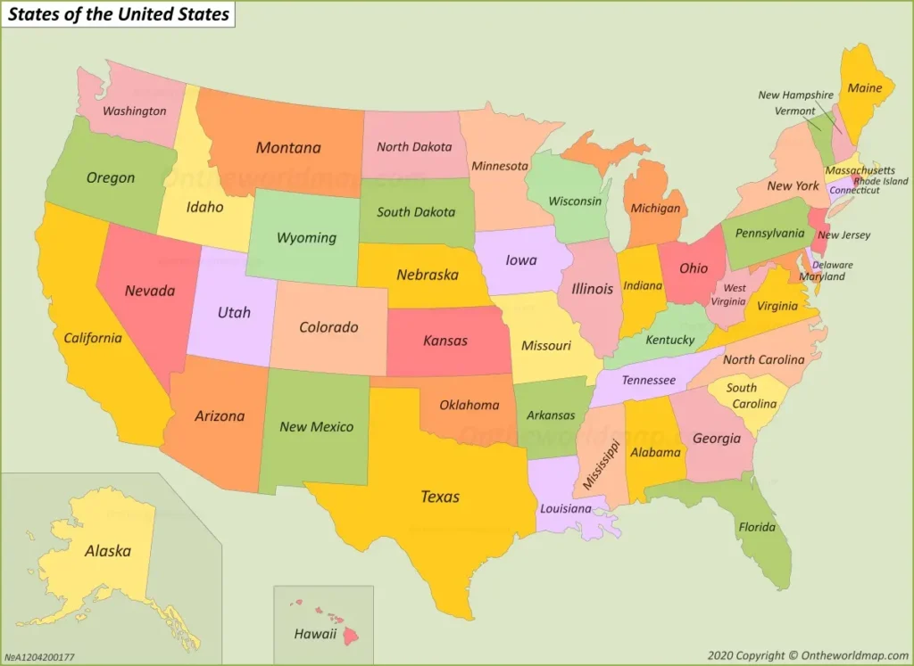 Vivid USA-States-Map showcasing U.S. state boundaries in colorful shades for education and travel.