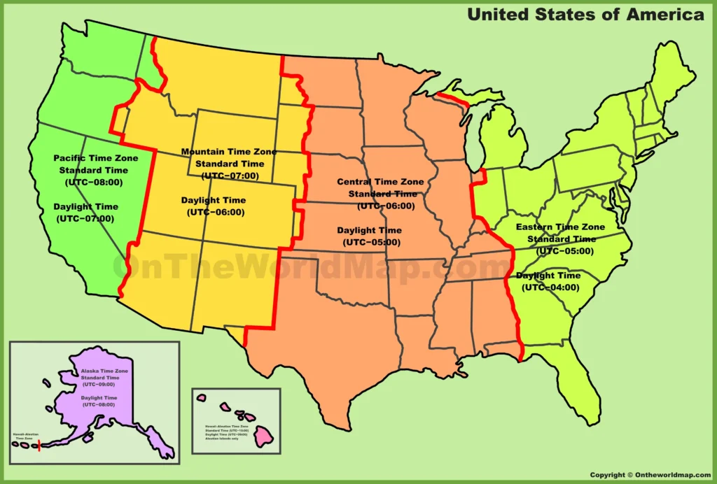 USA-Time-Zones-Map showing U.S. time zones for travel, business, and geographic reference.