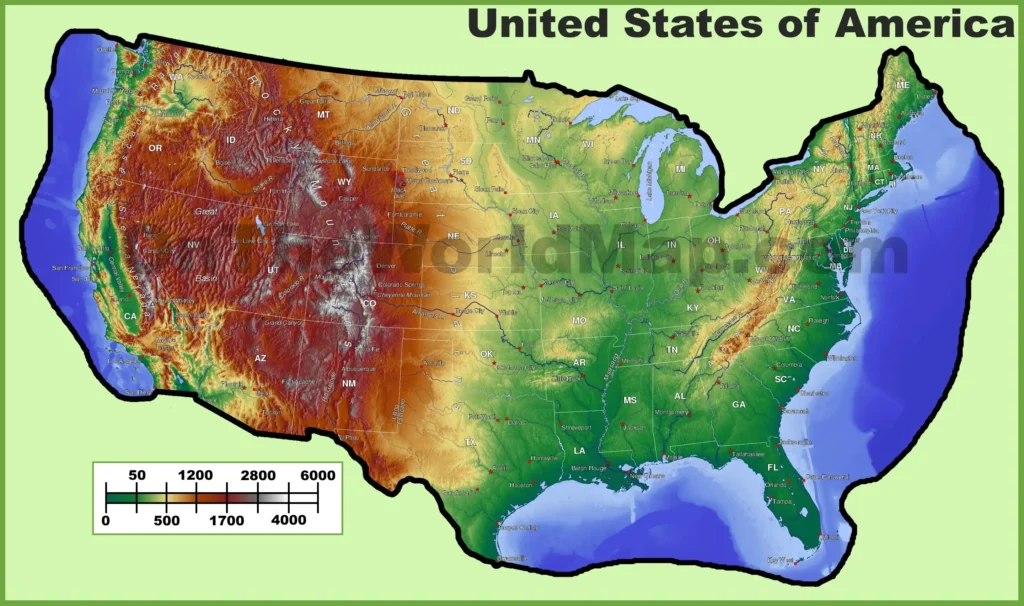 USA-Topographic-Map showcasing U.S. elevations, mountains, and terrain for adventure and geographic reference.