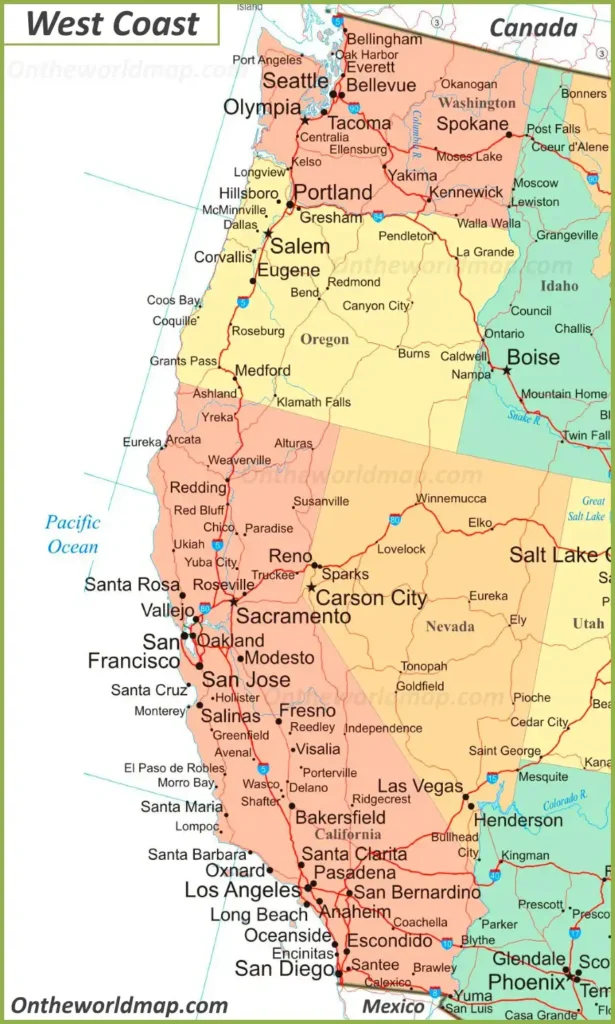 USA-West-Coast-Map showcasing West Coast states in vibrant colors for travel, history, and geographic reference.