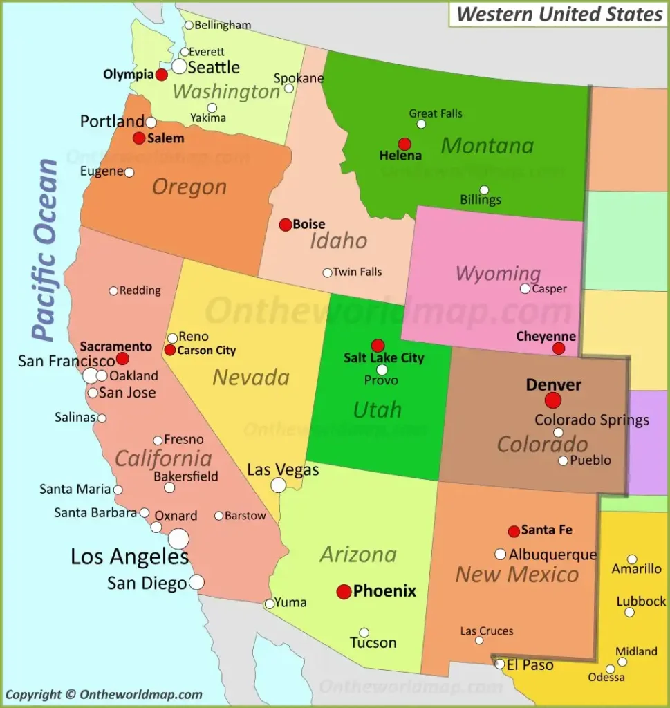 USA-Western-States-Map showcasing Western U.S. states in vibrant colors for travel, history, and geographic reference.