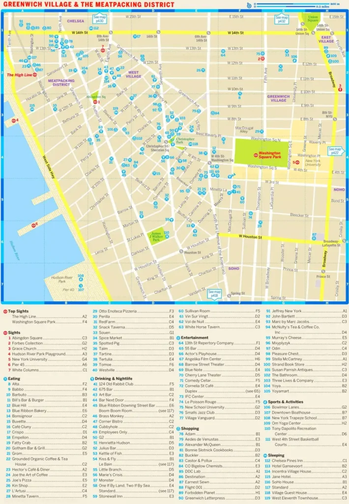A Greenwich Village & the Meatpacking District Map featuring Washington Square Park, the High Line, and numbered attractions (1-106), with walking routes and subway lines, set along the Hudson River.