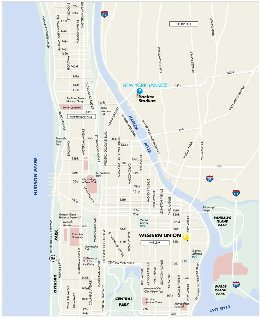 A Harlem Map featuring Yankee Stadium, St. Nicholas Park, and numbered attractions (1-9A), with major routes and green spaces, set along the Hudson and East Rivers.