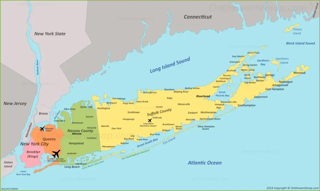A Long Island Map featuring Nassau County, Suffolk County, Jones Beach State Park, and major roads like the Long Island Expressway, set between Long Island Sound and the Atlantic Ocean.