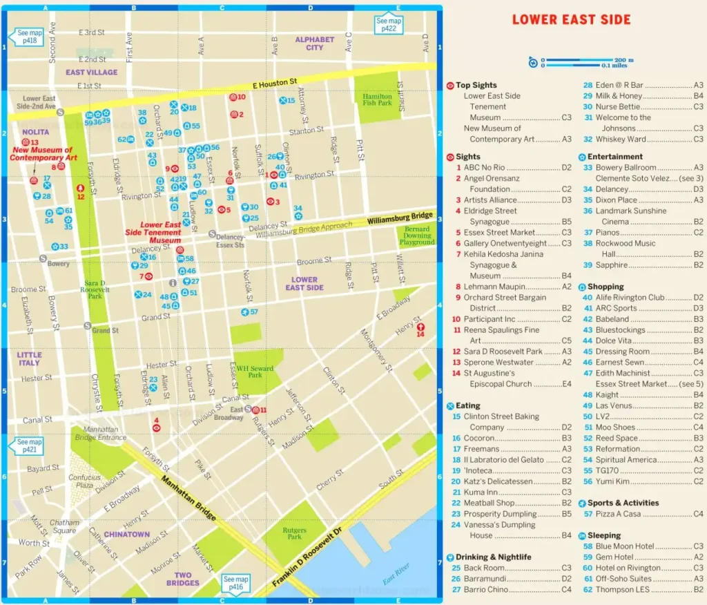 A Lower East Side Map featuring Sara D. Roosevelt Park, the Tenement Museum, and numbered attractions (1-67), with walking routes and subway lines, set along the East River.