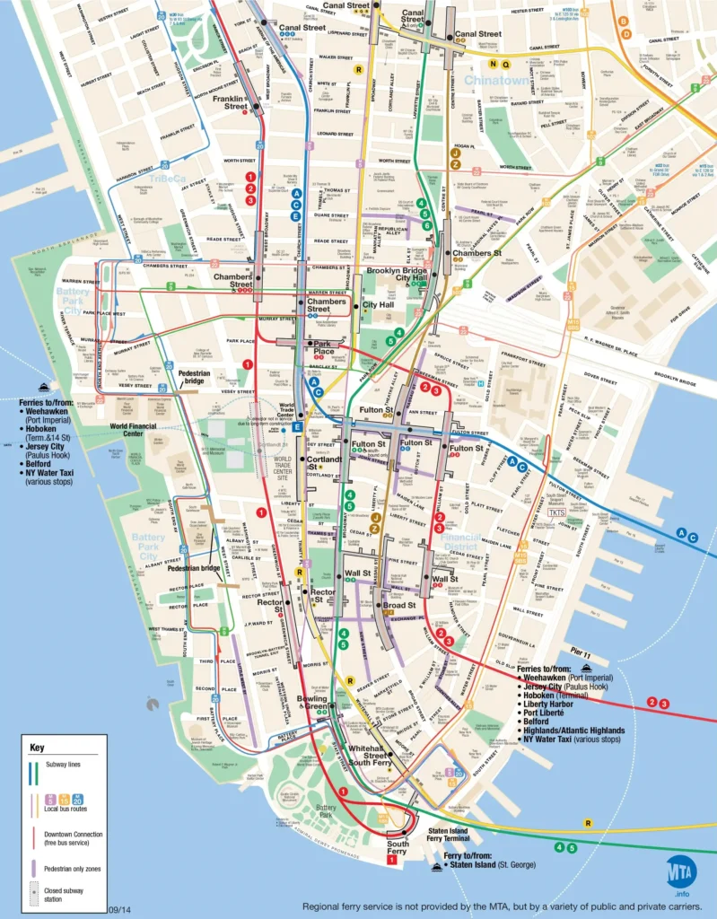 A Lower Manhattan Map featuring Broadway, Battery Park, World Trade Center site, and subway/ferry routes (A, C, E, 1, 2, 3, 4, 5), set along the Hudson and East Rivers.
