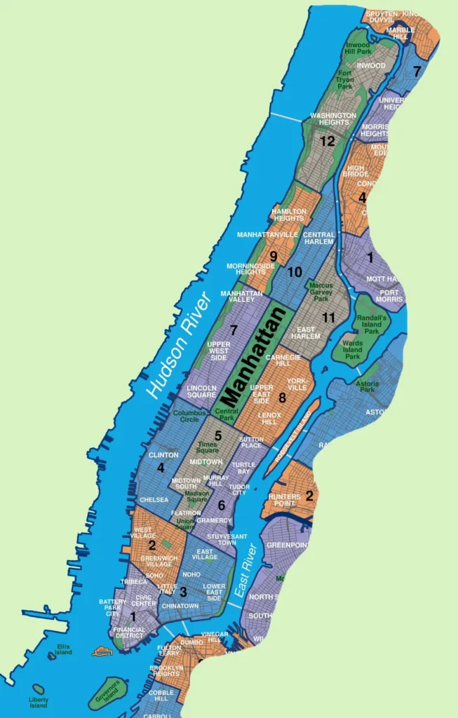 A Manhattan Map featuring 12 neighborhoods (Financial District, Chinatown, etc.), Central Park, Times Square, and major roads like Broadway, set between the Hudson and East Rivers.