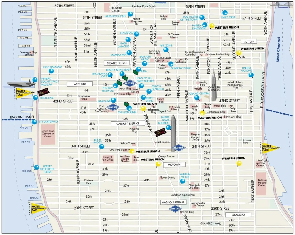 A Midtown West Map featuring the Empire State Building, Times Square, and numbered attractions (1-74), with major routes and parks, set along the Hudson River.