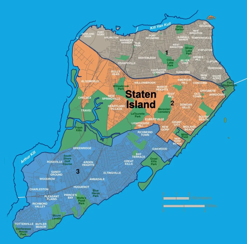 A Staten Island Map featuring 9 neighborhoods (Bloomfield, Travis, etc.), Fresh Kills Park, and major roads like Hylan Boulevard, set along the Arthur Kill and Atlantic Ocean.