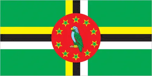This image shows the flag of Dominica, Central America, and the Caribbean. For more details of the flag of Dominica, please see this page below.