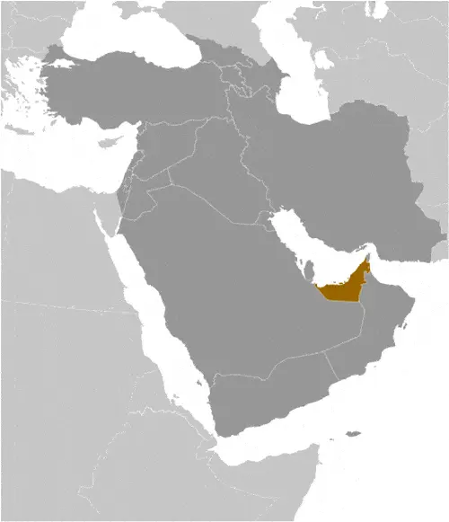 This image shows the location of the United Arab Emirates, Middle East. For more geographical details of the United Arab Emirates, please see this page below.