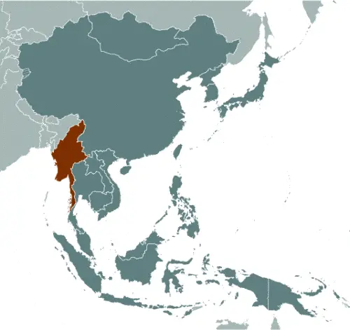 This image shows the location of Burma, Southeast Asia. For more geographical details of Burma, please see this page below.