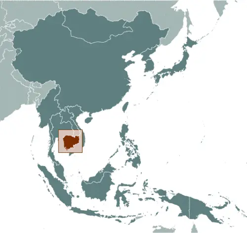 This image shows the location of Cambodia, Southeast Asia. For more geographical details of Cambodia, please see this page below.